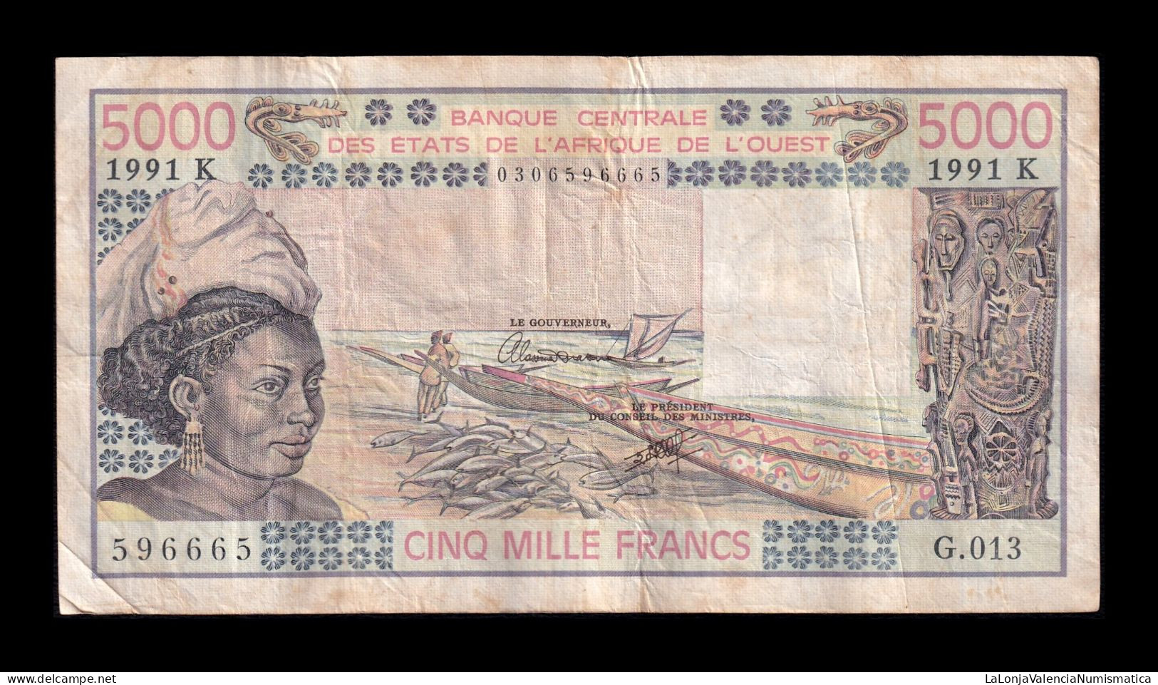 West African St. Senegal 5000 Francs 1991 Pick 708Kn Bc/Mbc F/Vf - Estados De Africa Occidental