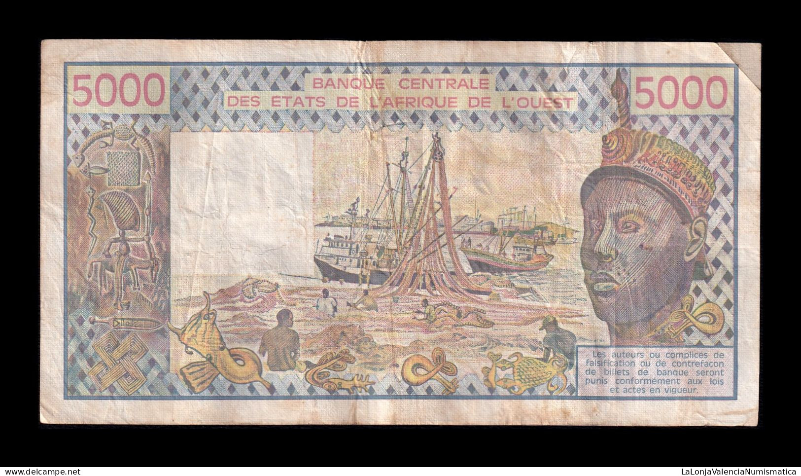 West African St. Senegal 5000 Francs 1991 Pick 708Kn Bc/Mbc F/Vf - États D'Afrique De L'Ouest