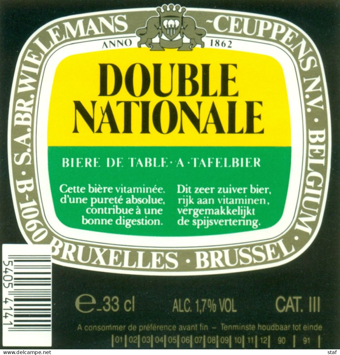 Oud Etiket Bier Double Nationale 33 Cl - Brouwerij / Brasserie Wielemans-Ceuppens Te Brussel - Bier