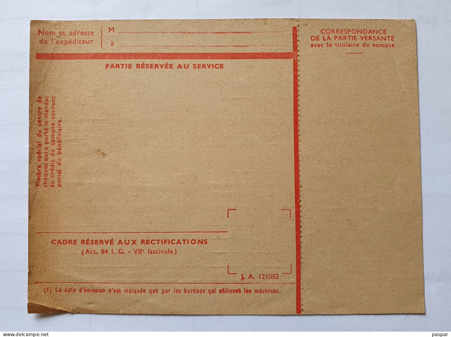 Mandat Carte De Versement à Un C/C Postal - Vierge PTT N° 1418 A  Postes-Télégraphes-Téléphones - Documents De La Poste