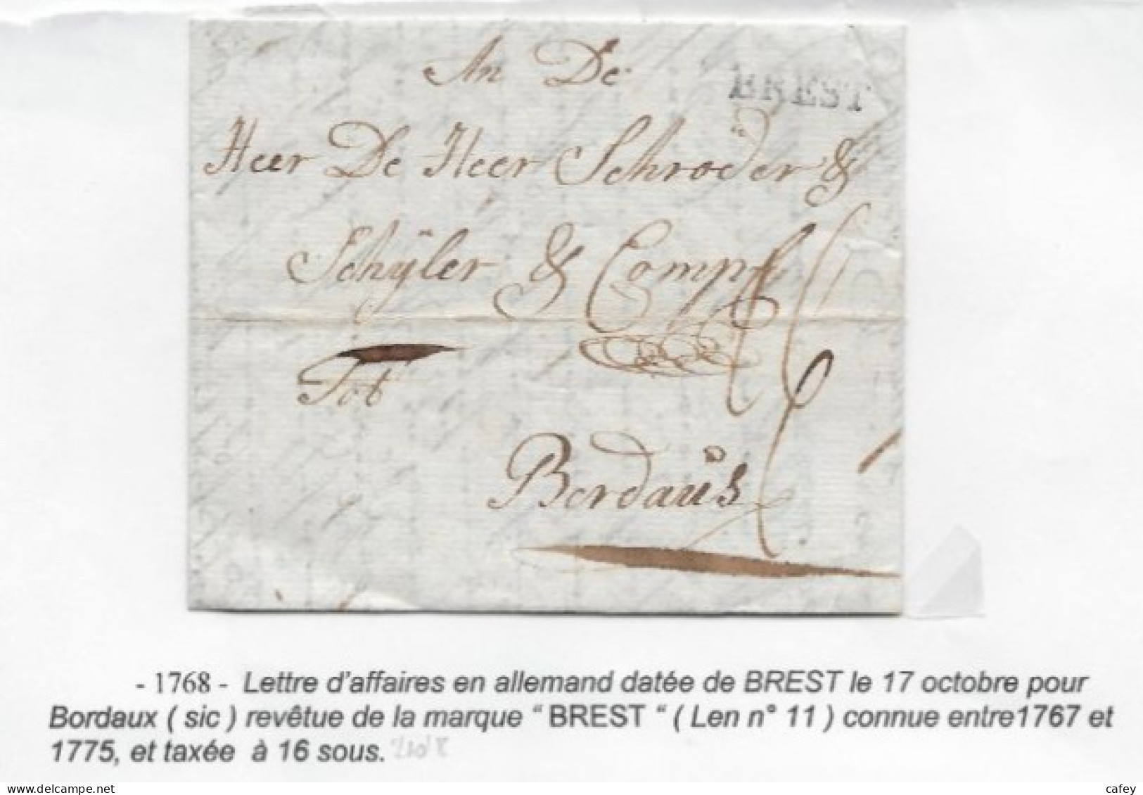 FINISTERE Lettre Marque Postale BREST 1768 écrite En Allemand P/ BORDEAUX - 1701-1800: Precursors XVIII