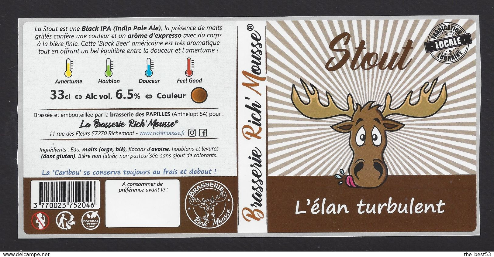 Etiquette De Bière  Stout  -  Elan Turbulent  -    Brasserie Rich'Mousse  à  Richemont  (57) - Birra