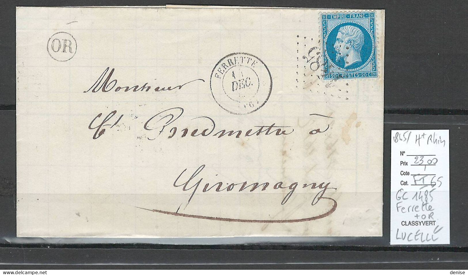 France  - GC 1485- Ferette - Lucelle - Haut Rhin - 1865 - 1849-1876: Période Classique