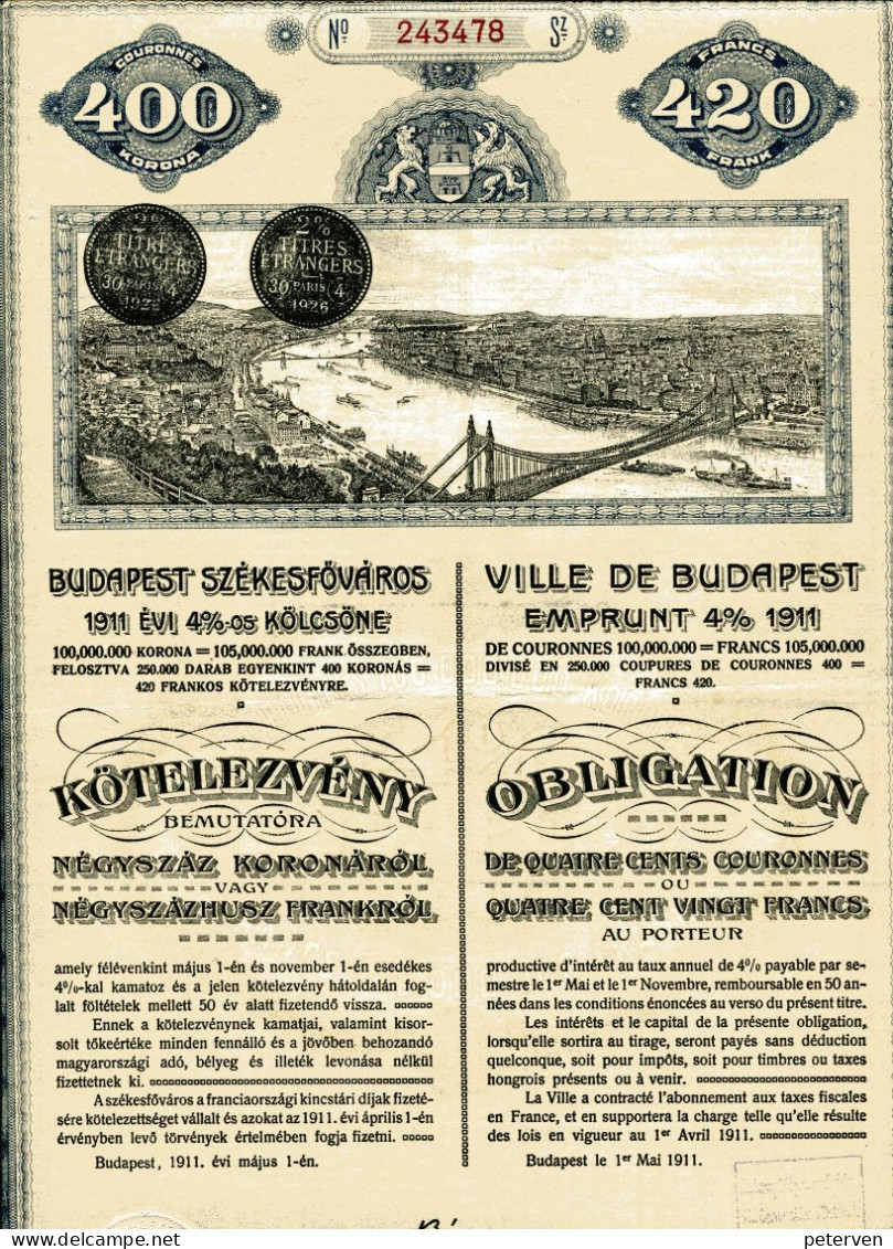 VILLE De BUDAPEST: Emprunt 4% De 1911 - Bank En Verzekering