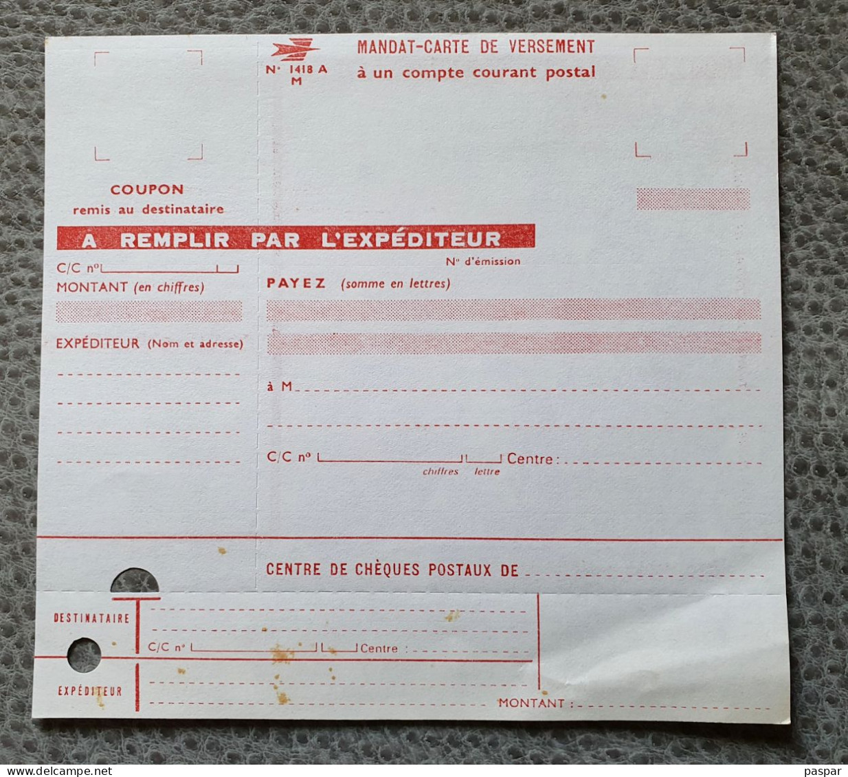Mandat Carte De Versement à Un Compte Courant  Postal - Vierge  N° 1418 A - Postdokumente