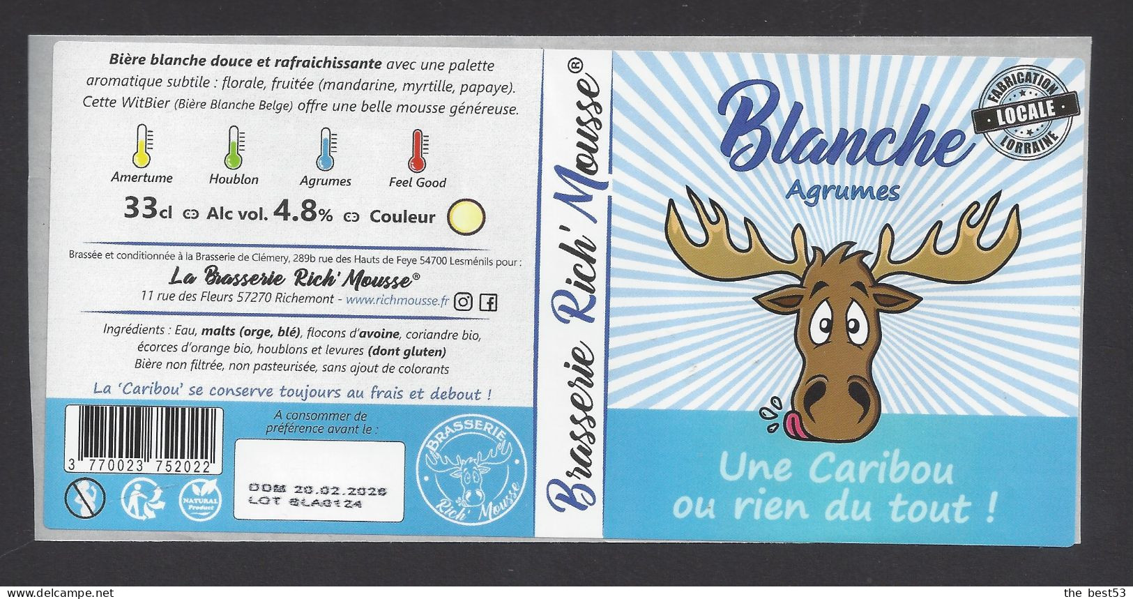 Etiquette De Bière  Blanche Agrumes  -  Une Caribou Ou Rien Du Tout  -    Brasserie Rich'Mousse  à  Richemont  (57) - Bier