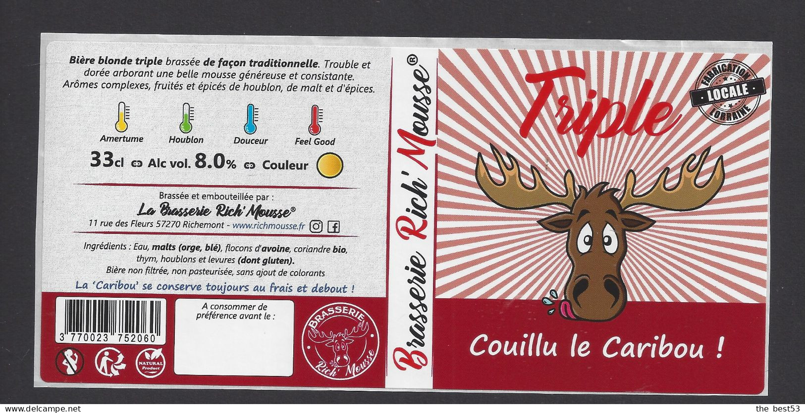 Etiquette De Bière  Triple  -  Couillu Le Caribou   -    Brasserie Rich'Mousse  à  Richemont  (57) - Birra