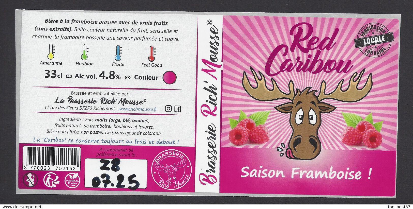Etiquette De Bière  Red Caribou  -  Saison Framboise  -    Brasserie Rich'Mousse  à  Richemont  (57) - Beer