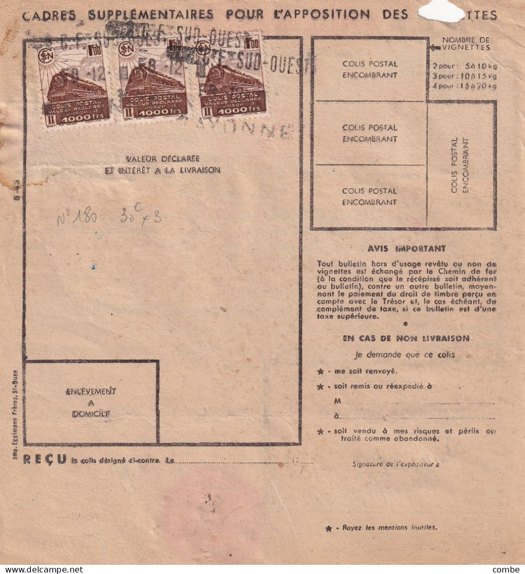 COLIS POSTAUX. VALEUR DECLAREE. N° 200 ET N°177 X 3. 2374Fr. BAYONNE POUR PARIS   / 6000 - Briefe U. Dokumente