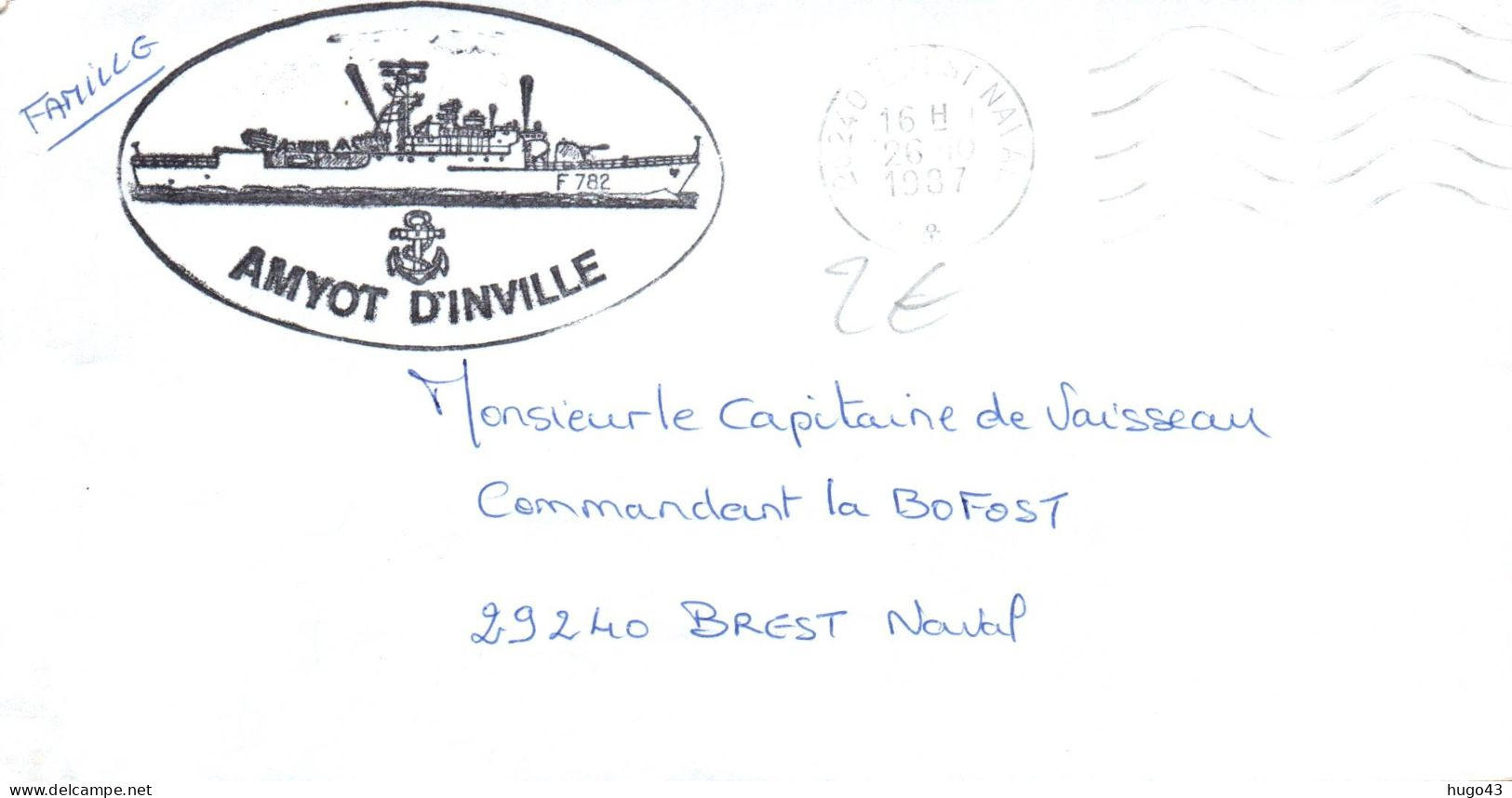 ENVELOPPE AVEC CACHET AVISO AMYOT D' INVILLE LE 26/10/1987 - Naval Post