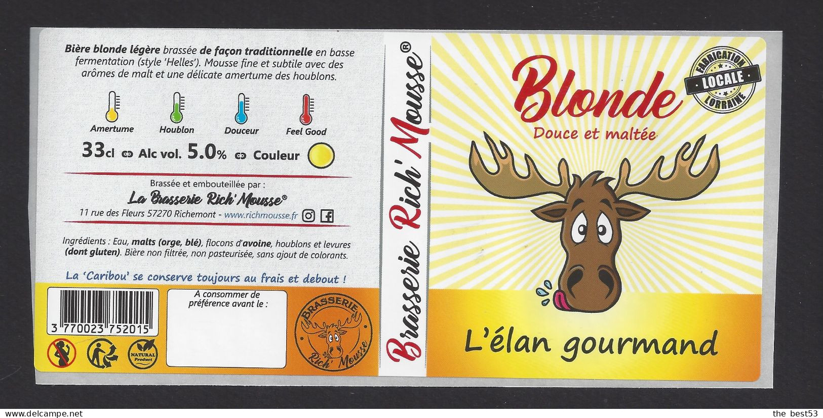 Etiquette De Bière  Blonde  -  L'Elan Gourmand  -    Brasserie Rich'Mousse  à  Richemont  (57) - Cerveza