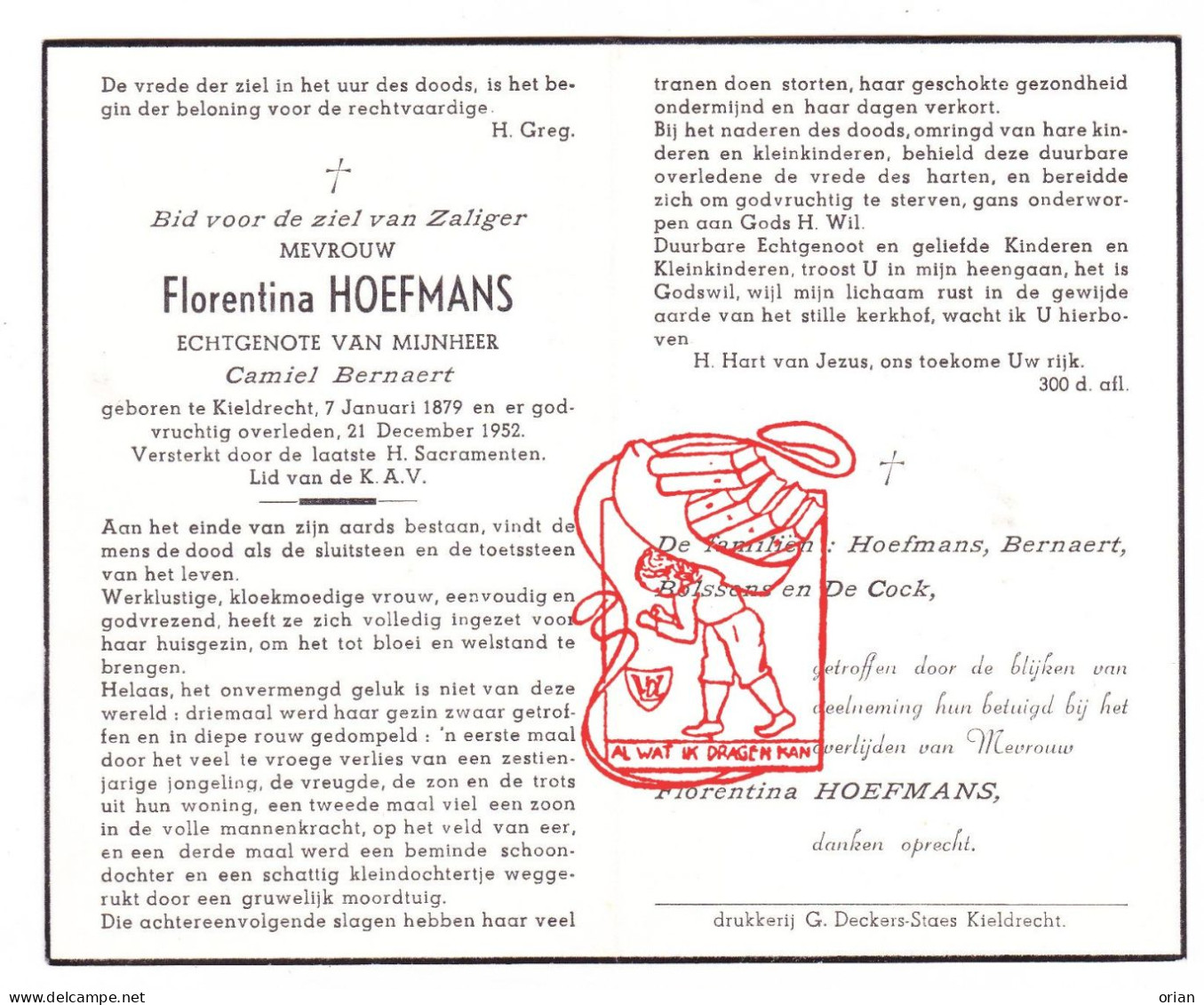 DP Florentina Hoefmans ° Kieldrecht Beveren Waas 1879 † 1952 X Camiel Bernaert // Bolssens De Cock - Devotion Images