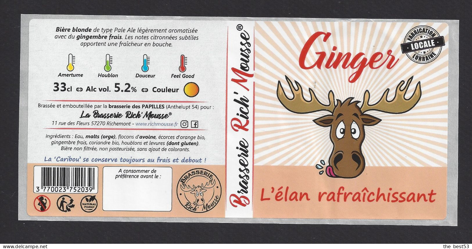 Etiquette De Bière  Ginger  -  L'Elan Rafraîchissant  -    Brasserie Rich'Mousse  à  Richemont  (57) - Beer