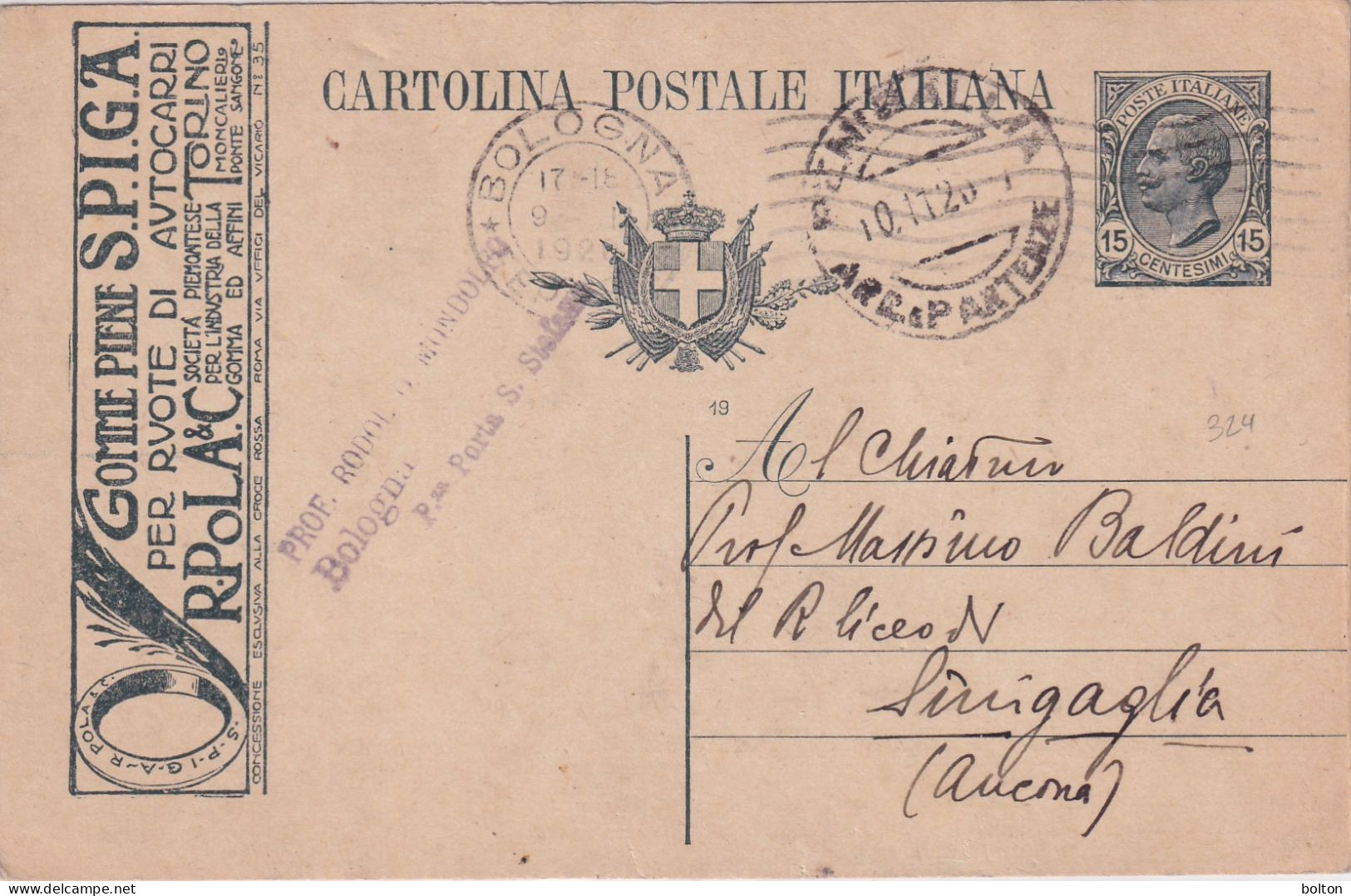 1919  INTERO Postale  15c Con  Pubblicità  GOMME PIENE S.P.I.G.A. Per Autocarri Torino - Auto's
