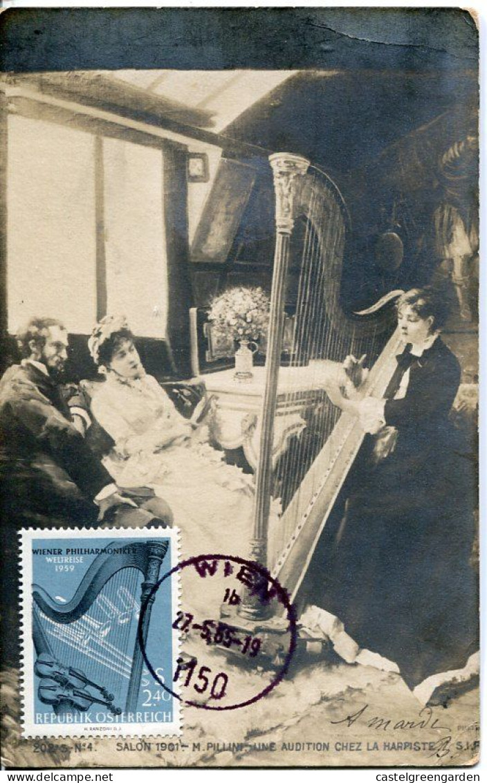 X0465 Austria, Maximum Card 1965 Vintage Card Music Instrument Harp  Harfe Harpe - Maximumkaarten