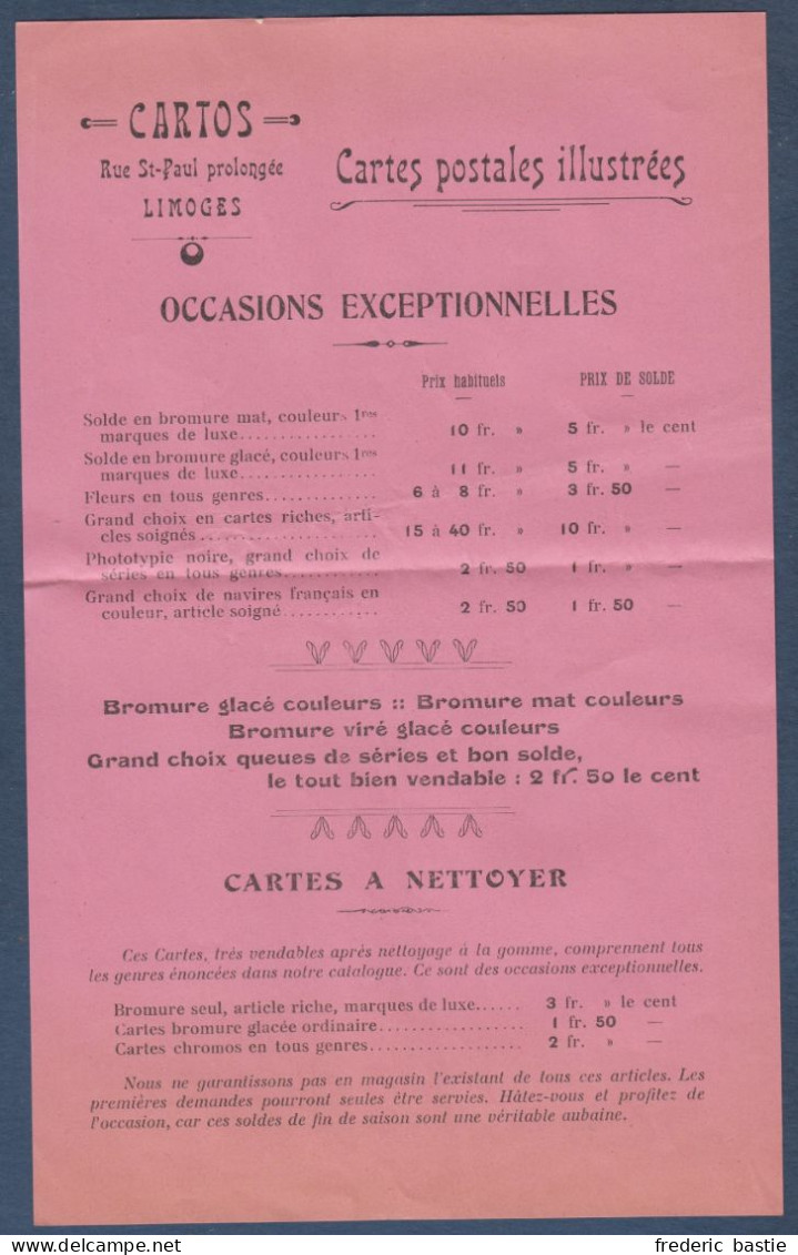 Limoges - CARTOS  - Cartes Postales - Catalogue De 4 Pages + Documents 1911 - 1912 - Imprimerie & Papeterie