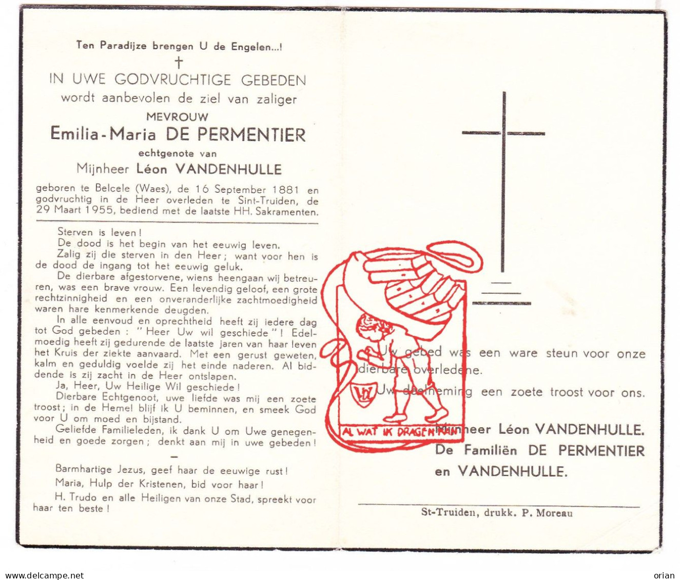 DP Emilia Maria De Permentier ° Belsele Sint-Niklaas 1881 † Sint-Truiden 1955 X Leon Vandenhulle - Devotion Images