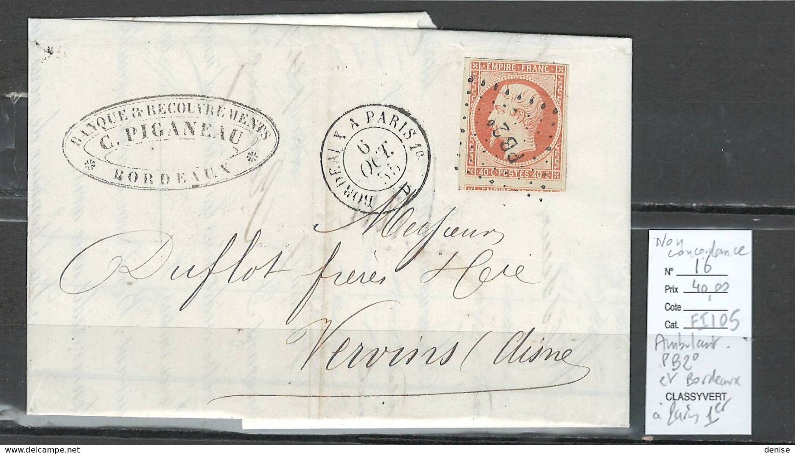 Lettre - Ambulant - Yvert 16 - PB2° Et Bordeaux Paris 1 Sur Le Dateur - 1855 - Poste Ferroviaire
