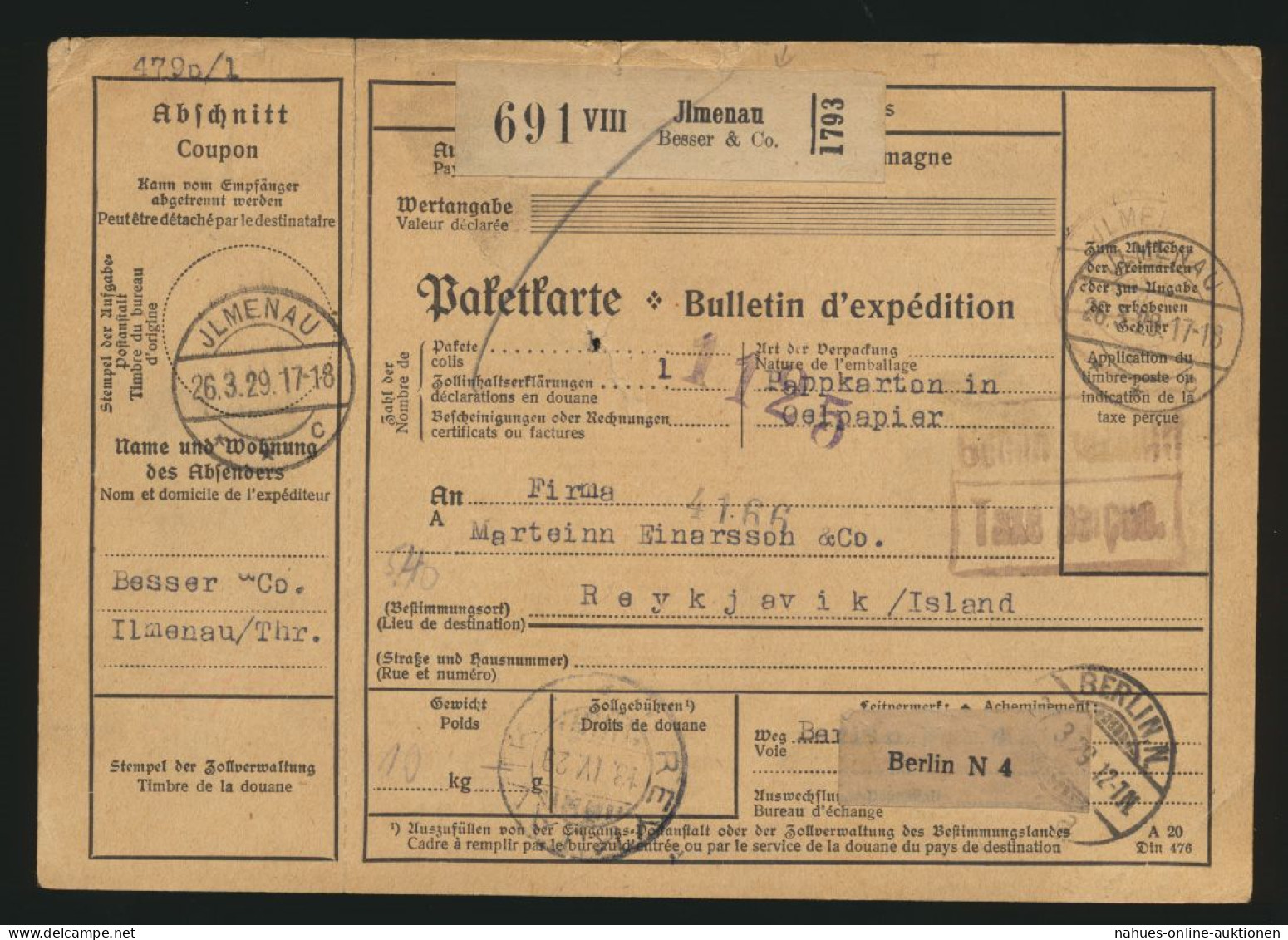 D. Reich Brief Paketkarte Ilmenau Gebühr Bezahlt Taxe Perçue N. Raykjavik Island - Storia Postale