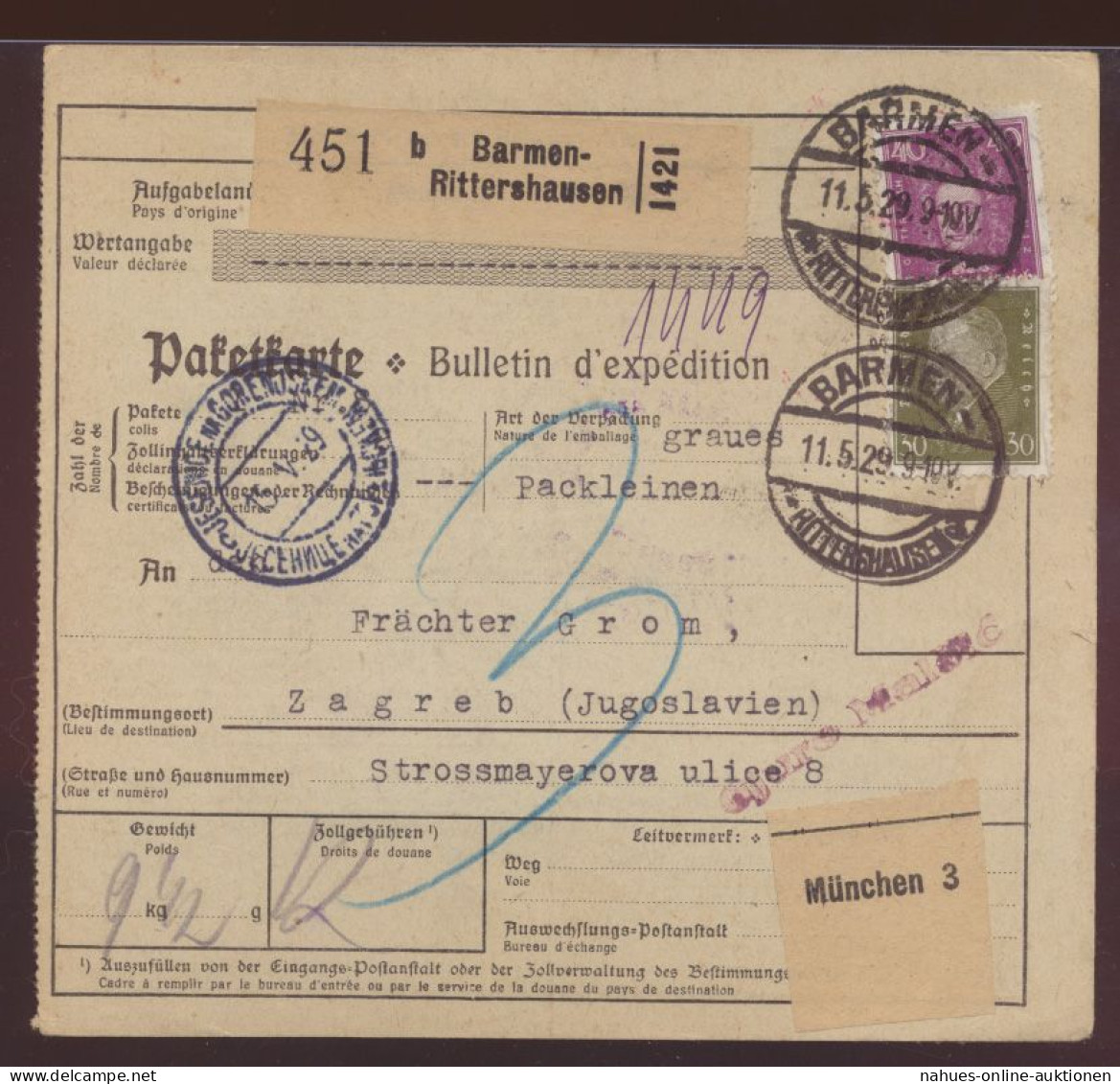 D. Reich Brief Paketkarte MIF 366 + Stempelmarke Barmen Rittershausen N. Zagreb - Brieven En Documenten