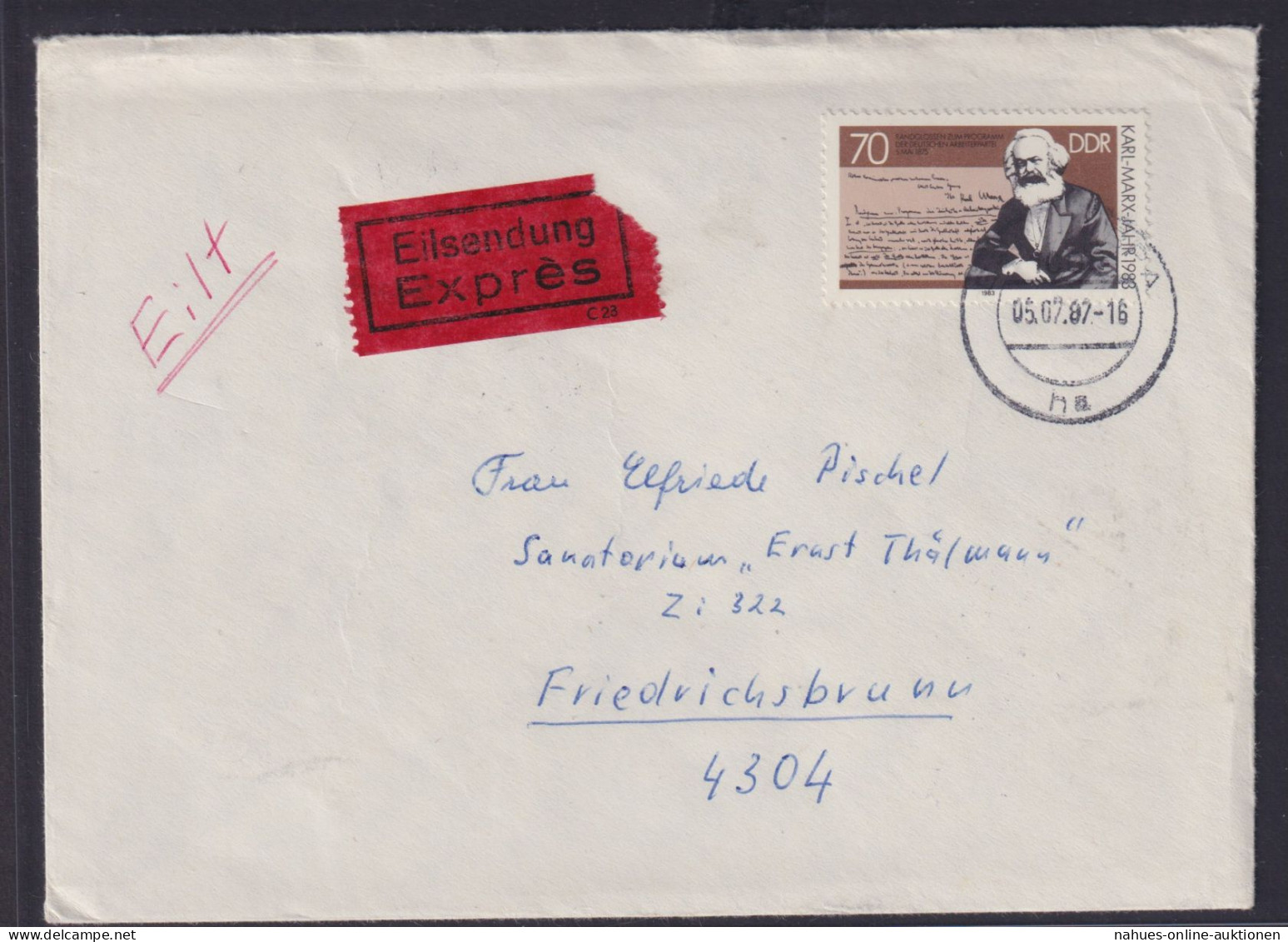 Bahnpost DDR Eilbrief 2787 EF 70 Pfg Marx Berlin BPA N Friedrichsbrunn Via Halle - Storia Postale