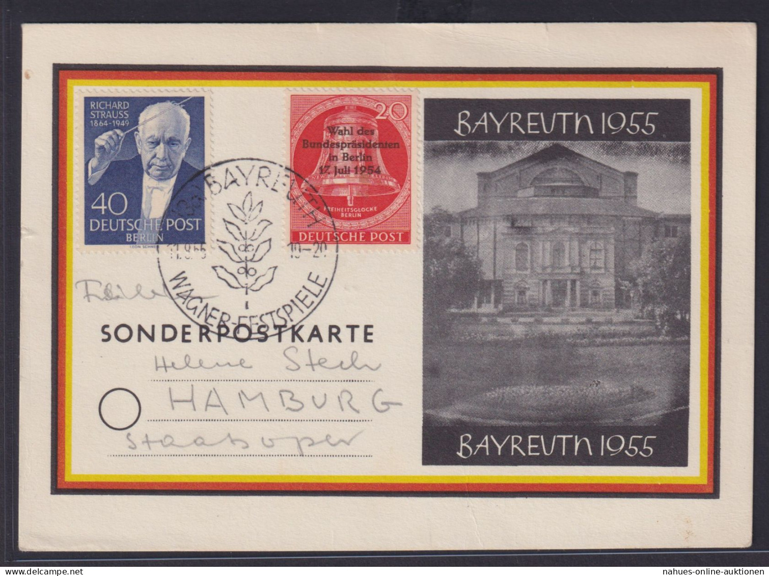 Berlin Bund Bayreuth Wagner Festspiele Sonderkarte Echt Gelaufen Nach Hamburg - Storia Postale