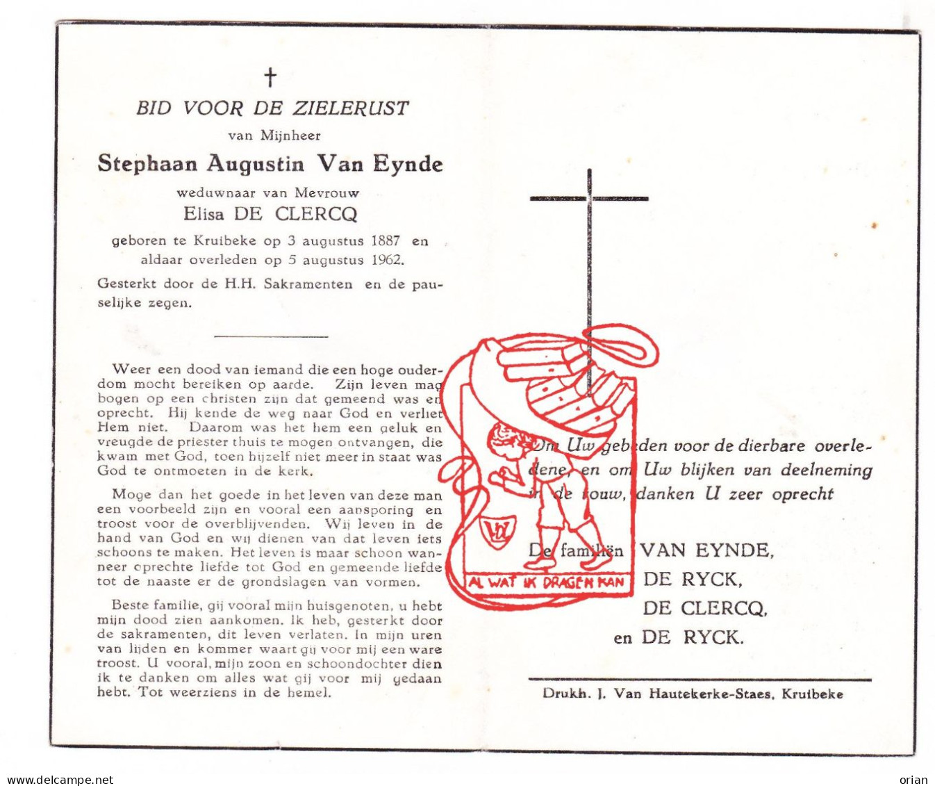 DP Stephaan Augustin Van Eynde ° Kruibeke 1887 † 1962 X Elisa De Clercq // De Ryck - Devotion Images