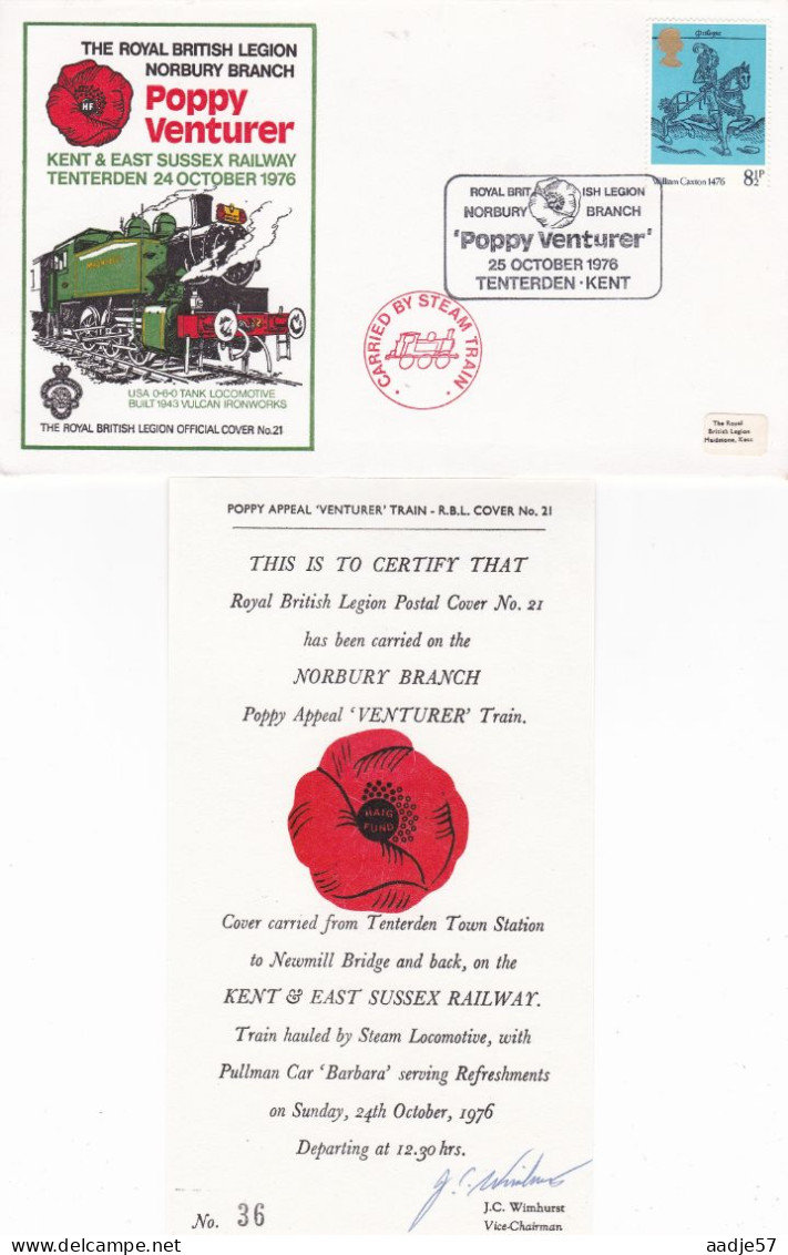 GB Engeland 1977 Royal British Legion Norbury Vranch Poppy Venturer Carried By Steam Signatures Driver And Guard - Trains