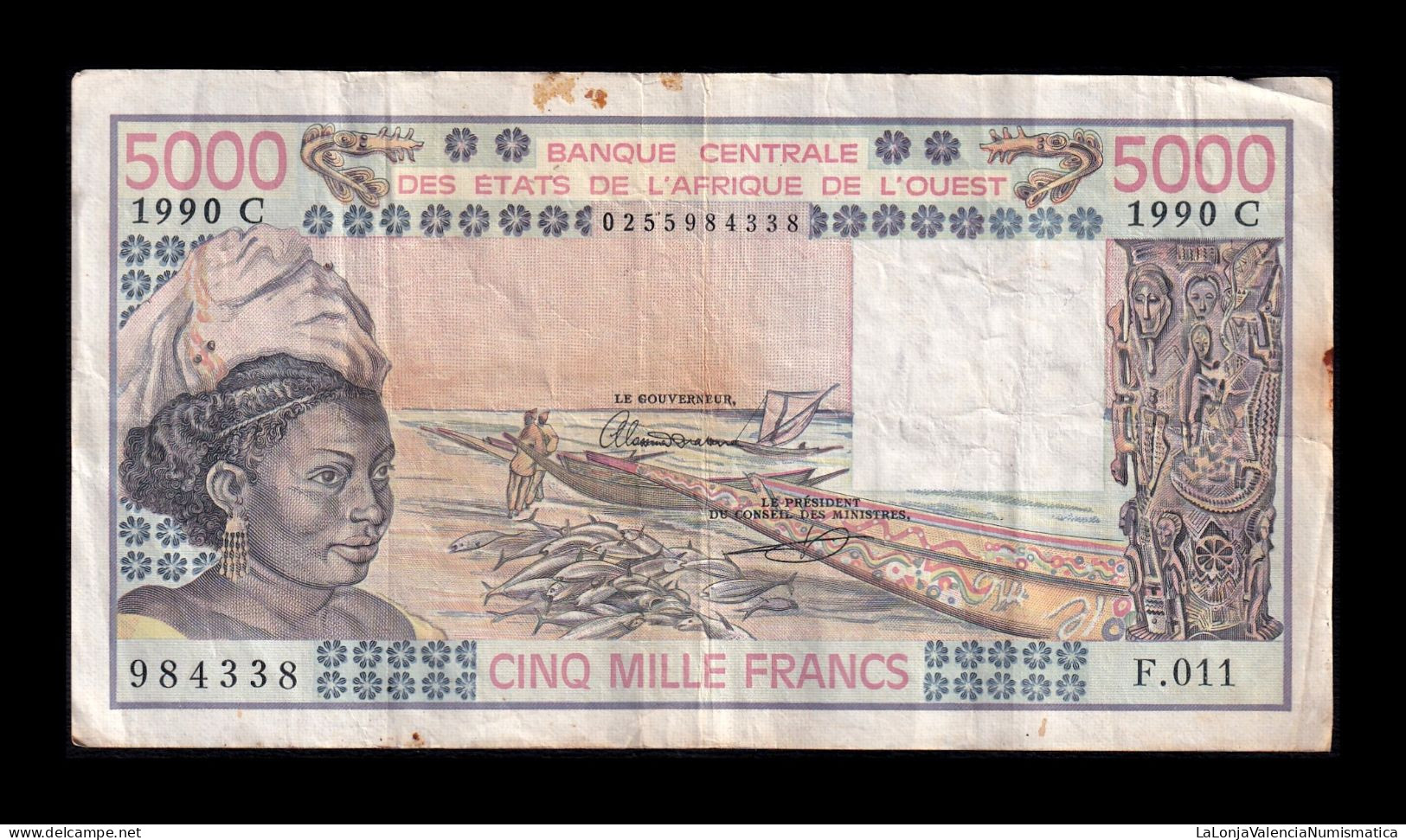 West African St. Burkina Faso 5000 Francs 1990 Pick 308Cn Bc/Mbc F/Vf - West African States