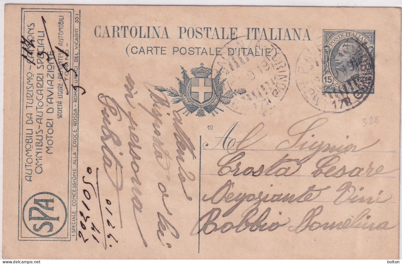 1919  INTERO Postale  15c Con  Pubblicità SPA AUTOMOBILI DA TURISMO AUTOCARRI MOTORI D'AVIAZIONE - Auto's