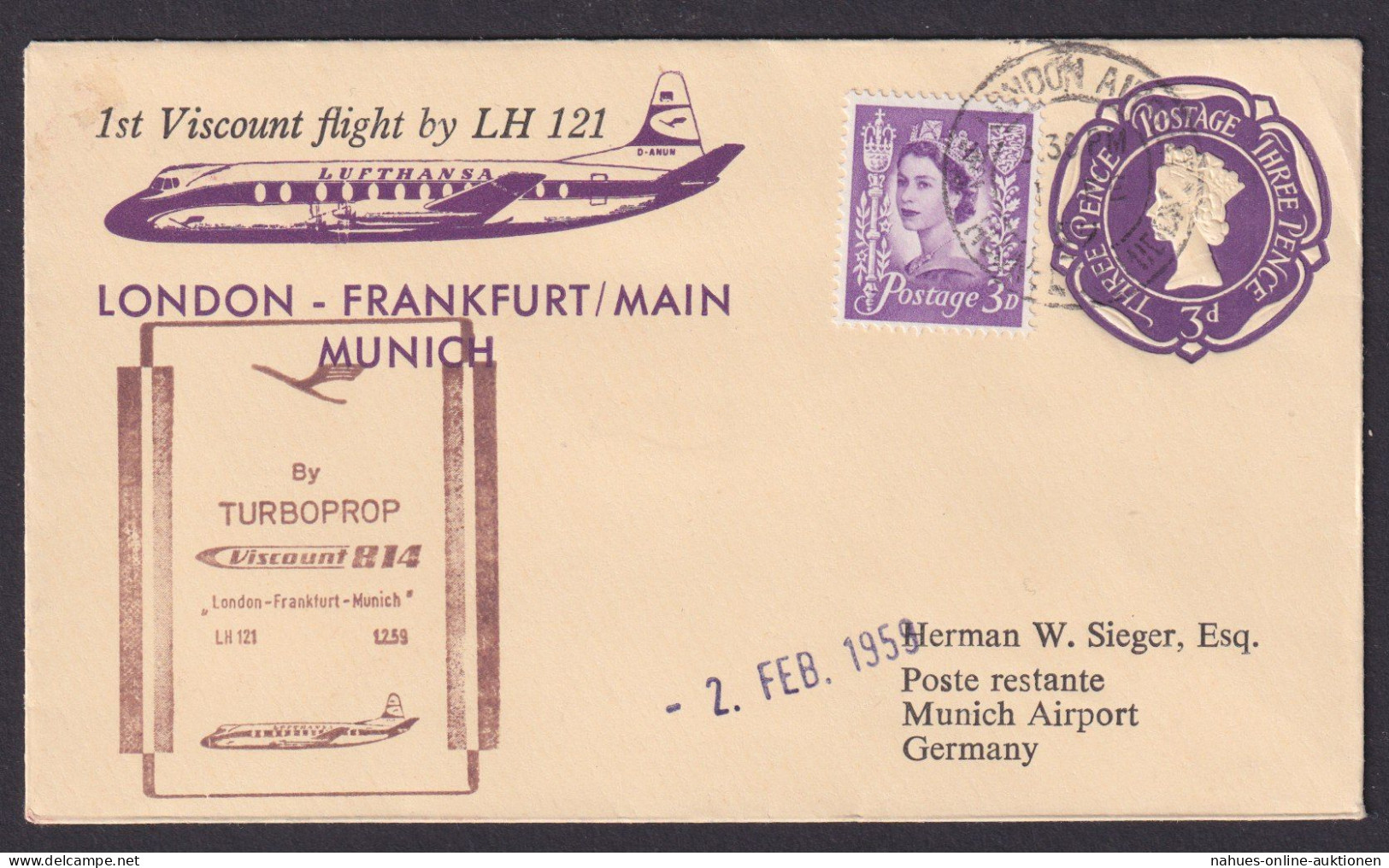 Flugpost Brief Air Mail Großbritannien Ganzsache 1st Viccount Flight Lufthansa - Briefe U. Dokumente