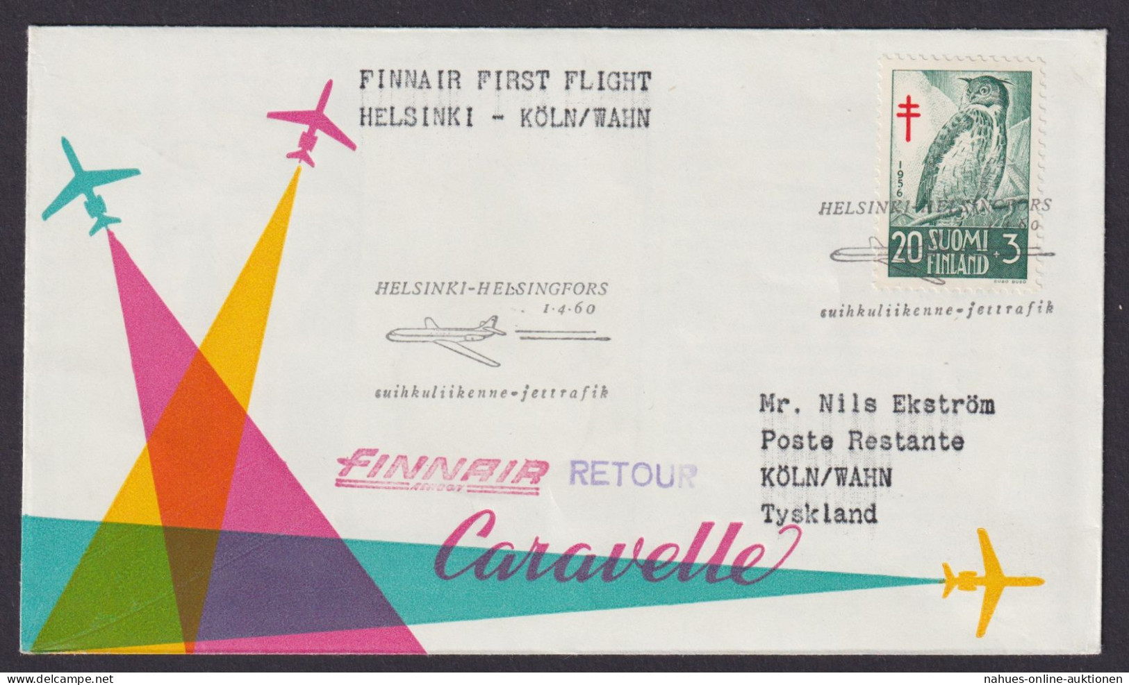 Flugpost Air Mail Brief Finnland Finnair Erstflug Helsinki Köln Wahn 1.4.1960 - Aland