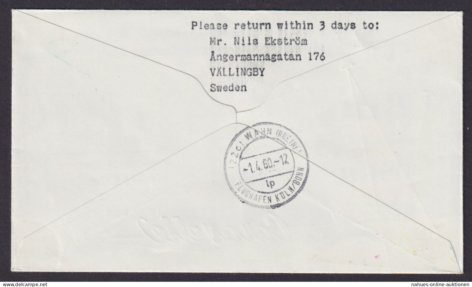 Flugpost Air Mail Brief Finnland Finnair Erstflug Helsinki Köln Wahn 1.4.1960 - Aland