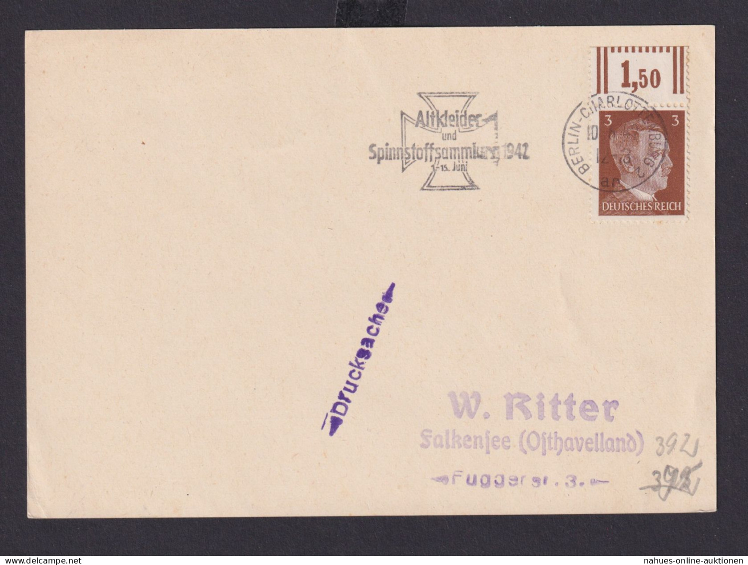 Berlin Charlottenburg Deutsches Reich Drittes Reich Karte SSt Altkleider Und - Briefe U. Dokumente