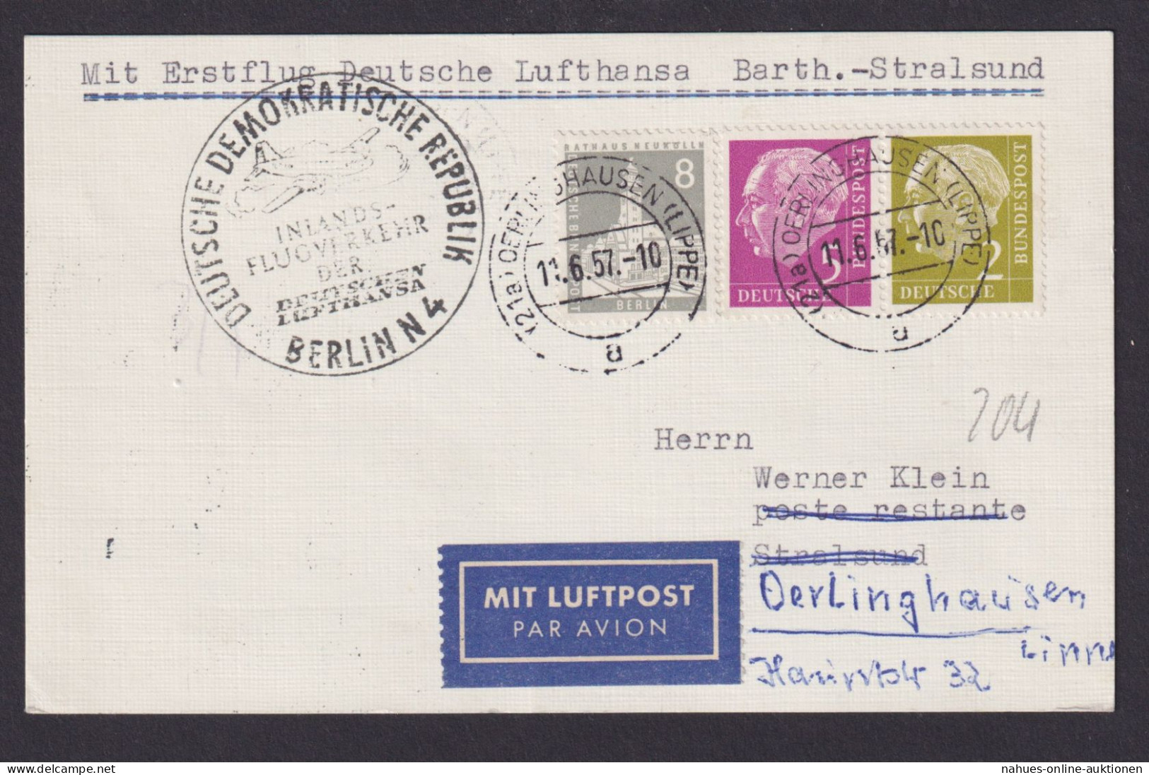 Flugpost Brief Air Mail Heuss Zusammendruck Erstflug Lufthansa Barth Stralsund - Se-Tenant
