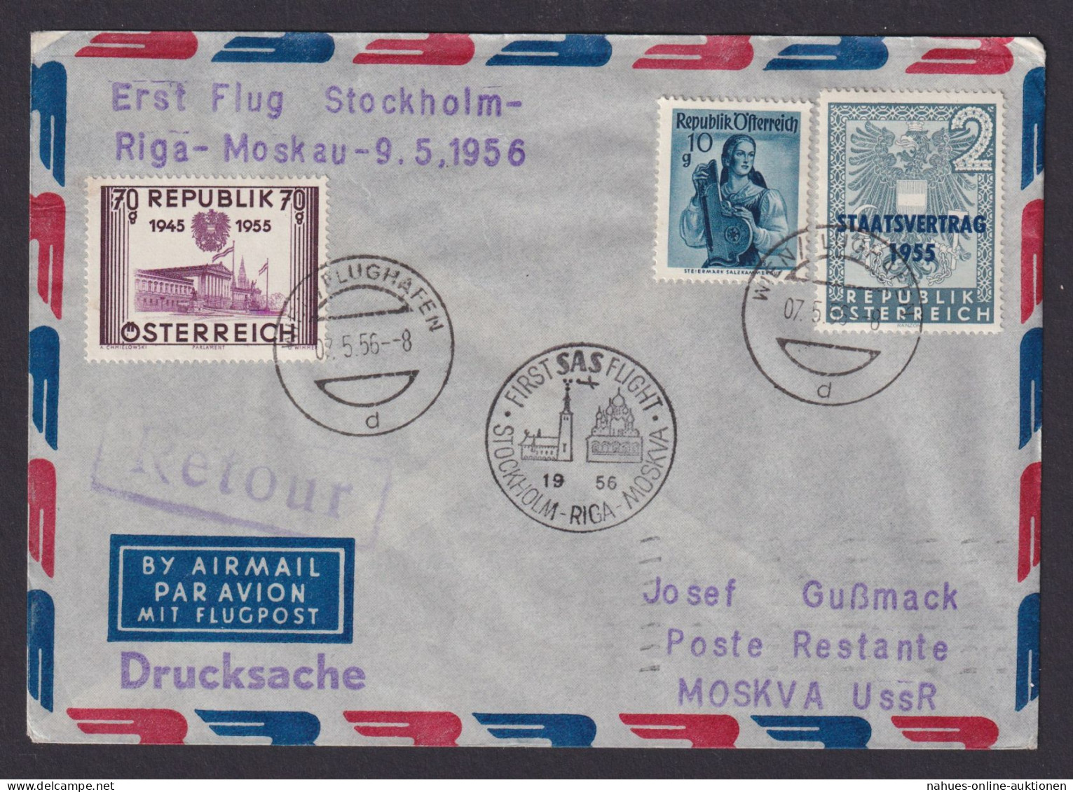 Flugpost Brief Air Mail SAS Erstflug Stockholm Riga Moskau Zuleitung Österreich - Covers & Documents