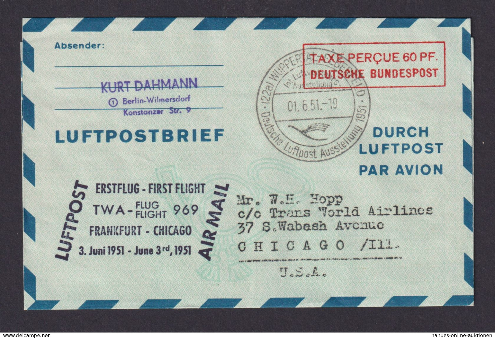 Flugpost Brief Air Mail Bund Ganzsache Luftpostfaltbrief LF 5 Erstflug TWA 969 - Postkarten - Gebraucht