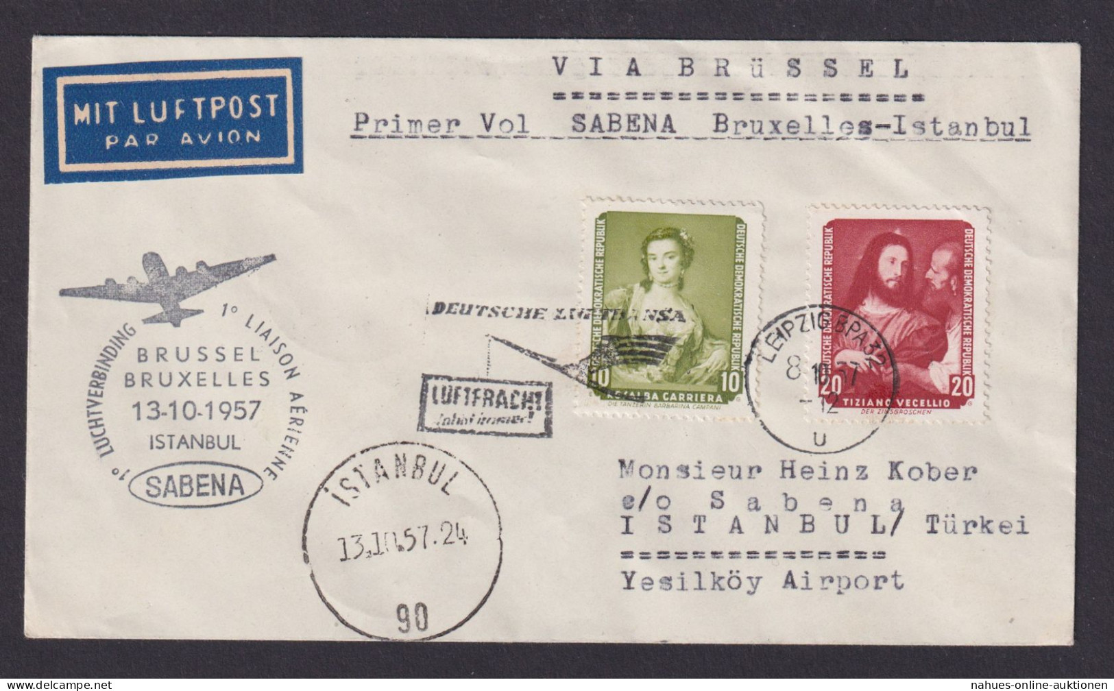 Flugpost Brief Air Mail Sabena Erstflug Brüssel Istanbul Zuleitung DDR Lufthansa - Covers & Documents