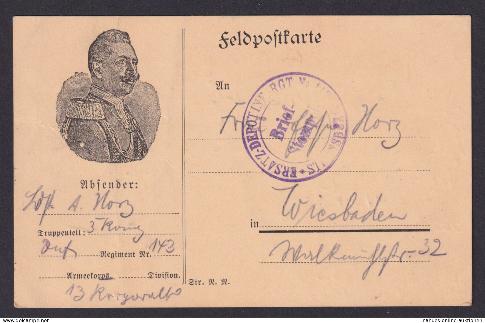 Feldpostkarte Ab Strassburg Frankreich N. Wiesbaden Hessen 18.02.1916 - Briefe U. Dokumente