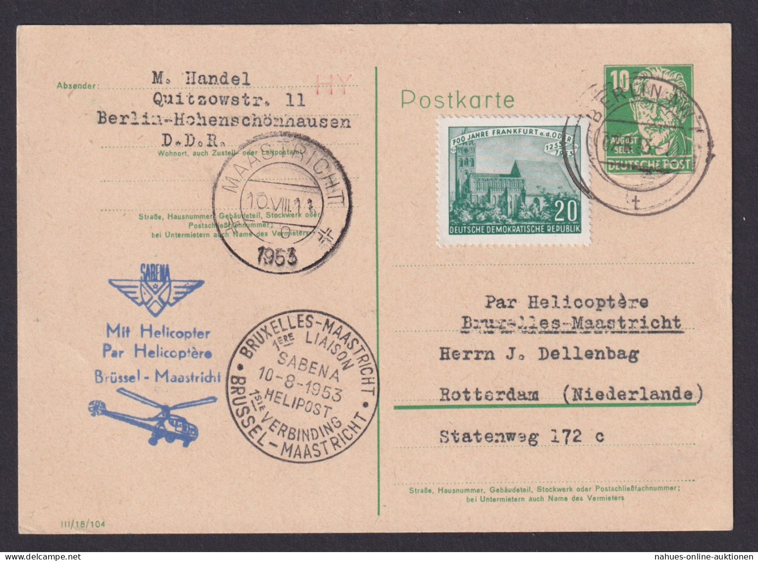 Helikopter Flugpost Brief DDR Ganzsache Köpfe Bebel Sabena Inter. Zuleitung - Lettres & Documents