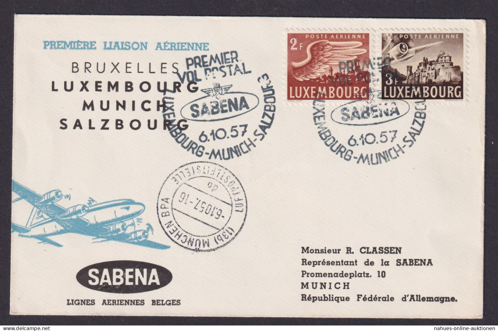 Flugpost Brief Air Mail Sabena Brüssel Luxemburg 6.10.1957 - Andere & Zonder Classificatie