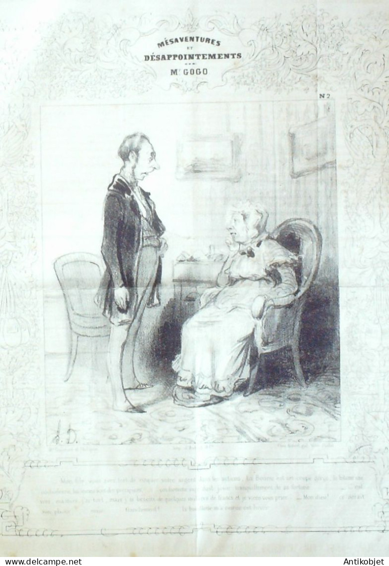 Litho Daumier Honoré Mésaventures Et Désappointements De Mr Gogo N°2 Gavarni Paul 1838 - Stiche & Gravuren