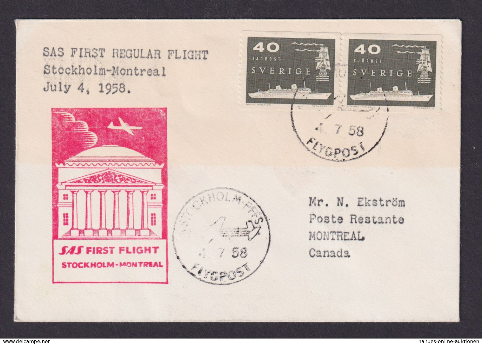 Flugpost Brief Air Mail Schweden SAS Erstflug Stockholm Montreal Kanada 4.7.1958 - Briefe U. Dokumente
