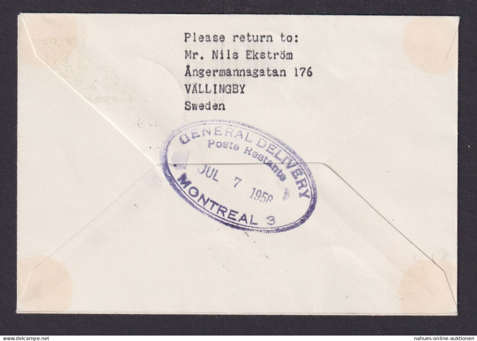 Flugpost Brief Air Mail Schweden SAS Erstflug Stockholm Montreal Kanada 4.7.1958 - Briefe U. Dokumente