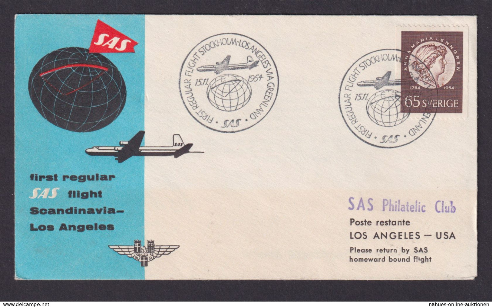 Flugpost Brief Air Mail SAS Erstflug Stockholm Schweden Los Angeles USA - Brieven En Documenten