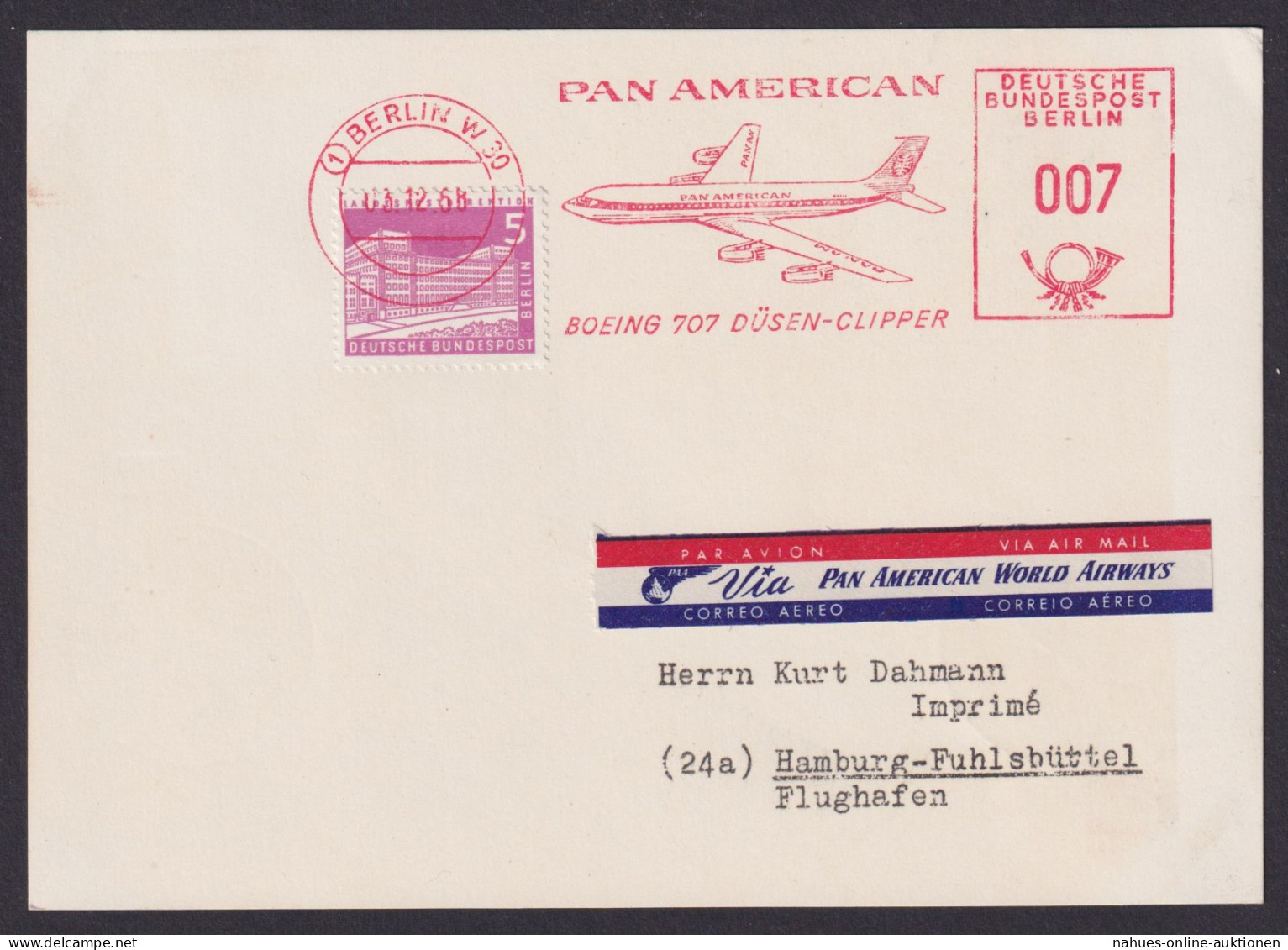 Flugpost Brief Air Mail Berlin Absenderfreistempel 007 +5Pfg Bauten Pan American - Vliegtuigen