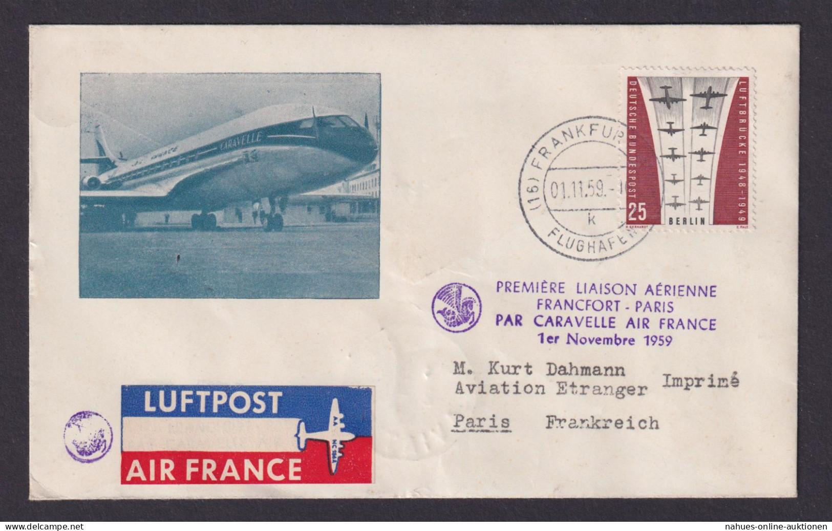 Flugpost Brief Air Mail Berlin AIR FRANCE Frankreich Frankfurt Paris Caravelle - Lettres & Documents