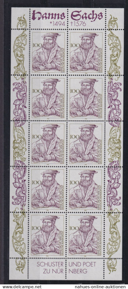 Bund 1763 Kleinbogen Zehnerbogen Hans Sachs Luxus Postfrisch MNH Kat. 16,00 - Storia Postale