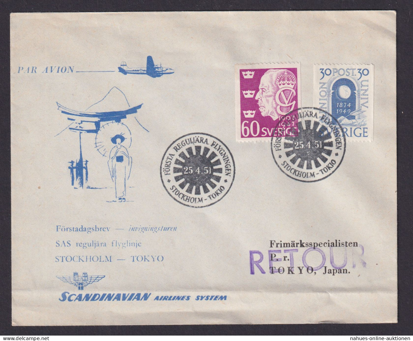 Flugpost Brief Air Mail SAS Schweden Stockholm Tokio 25.4.1951 - Covers & Documents