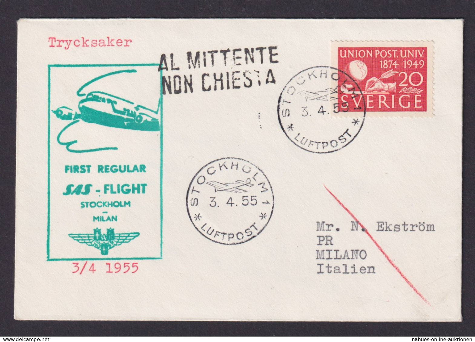 Flugpost Brief Air Mail SAS Erstflug Stockholm Schweden Mailand Italien - Covers & Documents